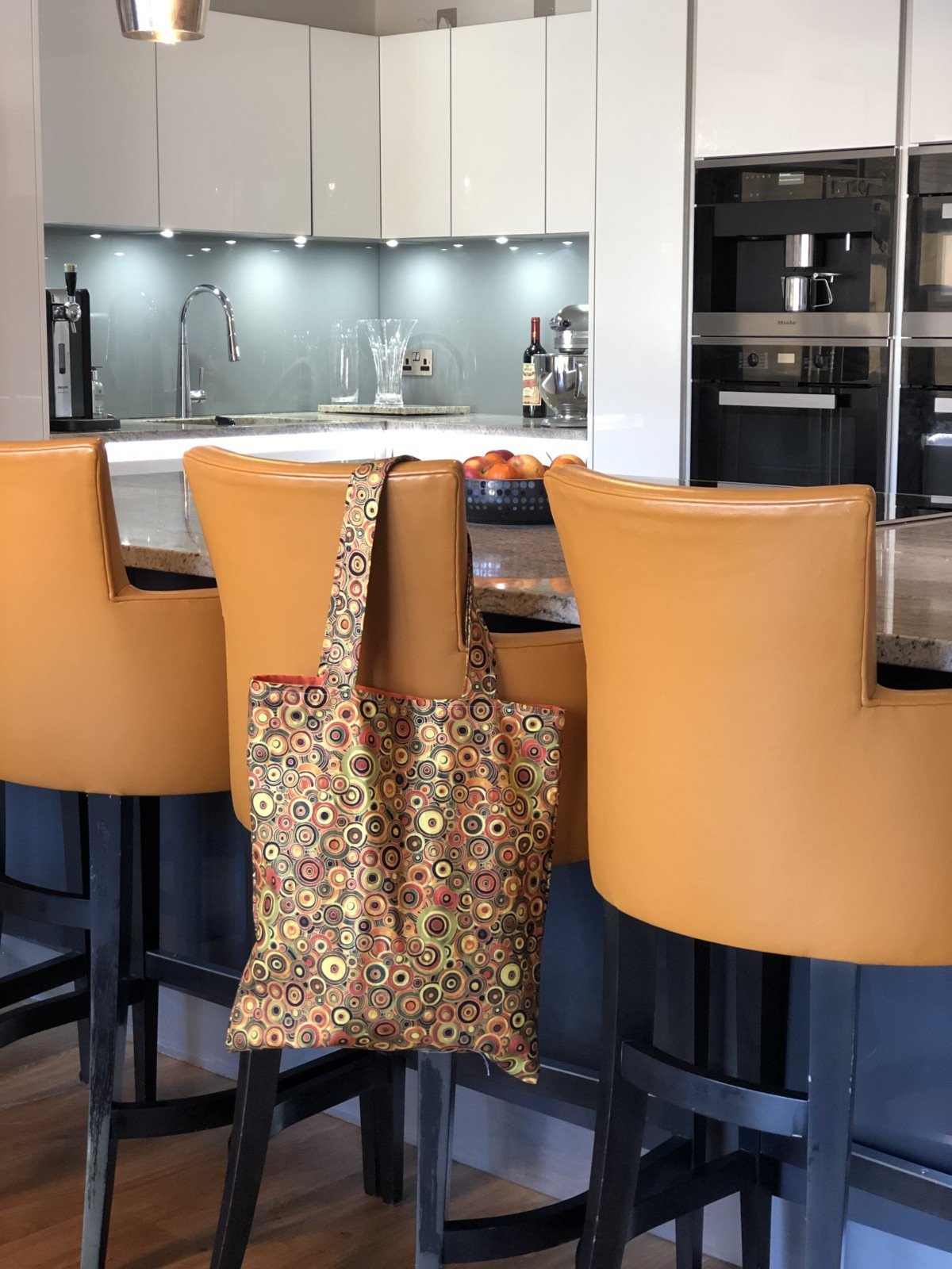 We also made a trendy tote bag to carry it all home in. I love it sew much it even matches the kitchen! Home made tote bag made in Essex