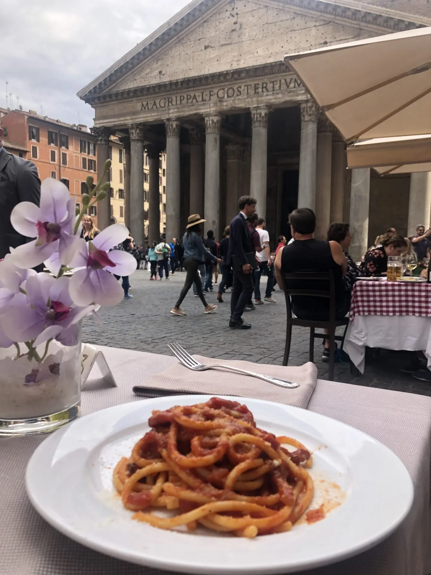 Pasta at the Pantheon. The Oldest functional building in Rome is the Pantheon which means old god. The unique thing about the Pantheon is the hole in the roof where the rain comes in. Pasta at the Pantheon. The Oldest functional building in Rome is the Pantheon which means old god. The unique thing about the Pantheon is the hole in the roof where the rain comes in.