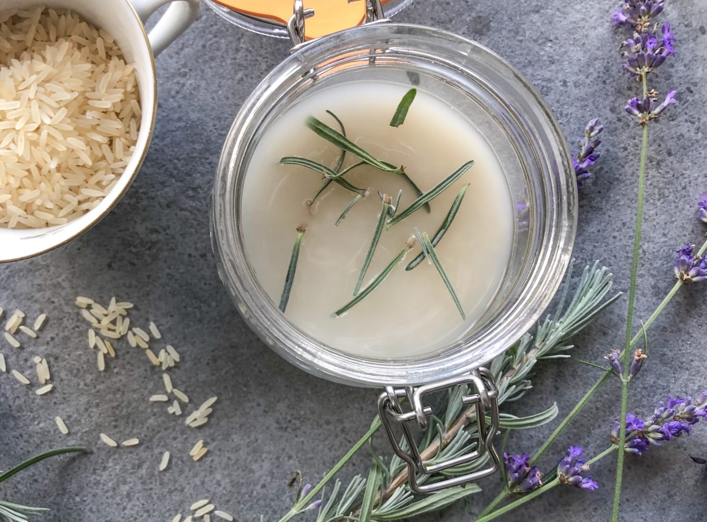 Rice water rinse, add lavender from your garden just strain it out again with the rice