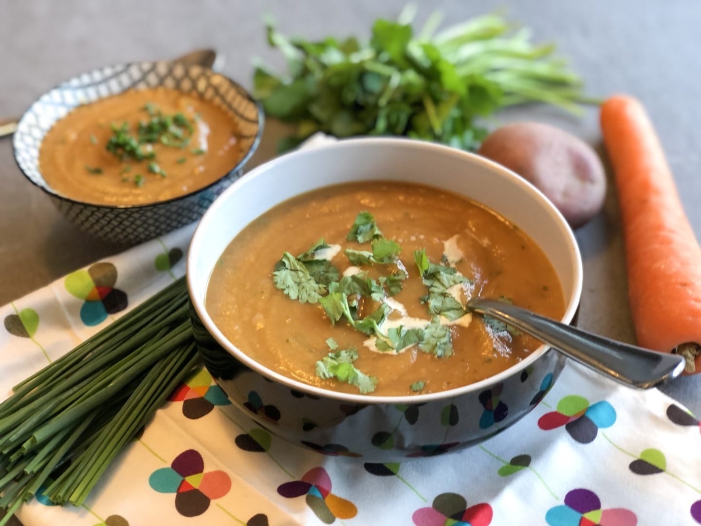 There is nothing I like more in the cold winter months than to make and easy soup. Carrot soup base is really easy and can be achieved in a variety of ways.