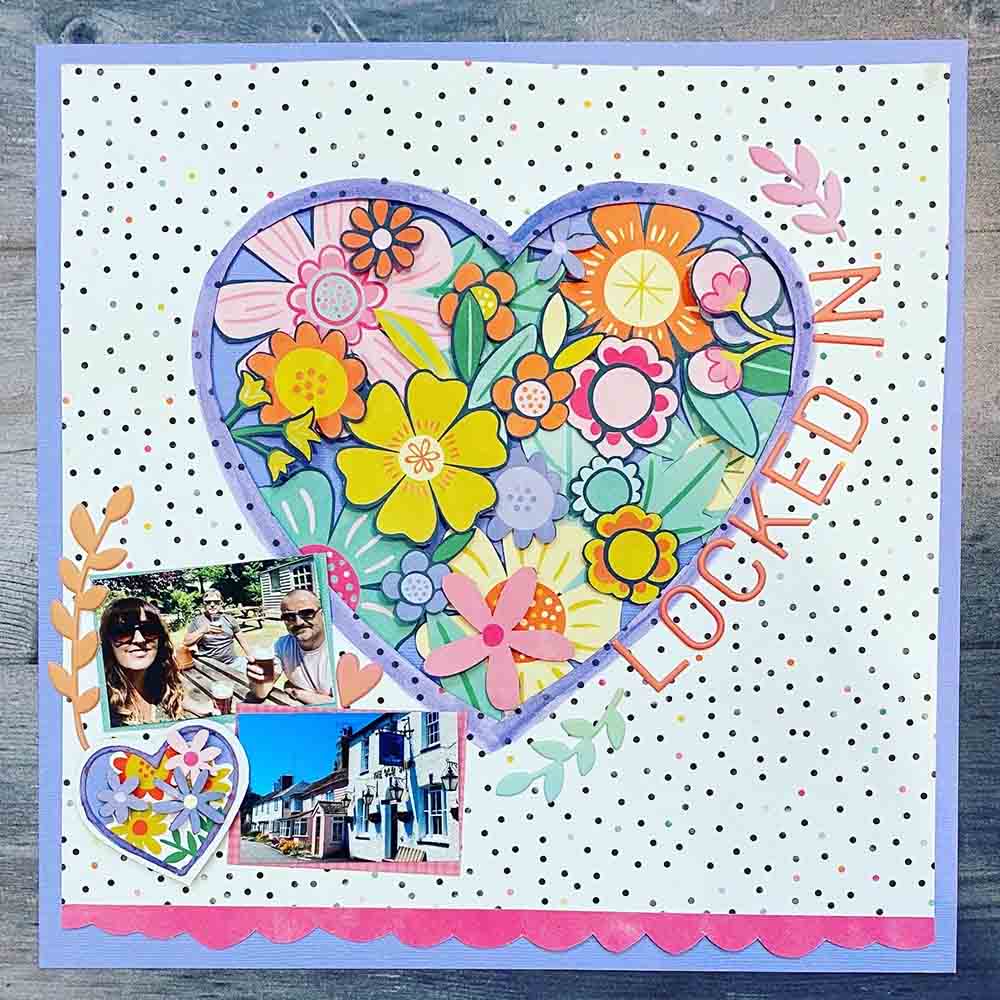 Lockdown scrapbook layout social distancing in a garden page using cut flowers from Paige Taylor Evans 