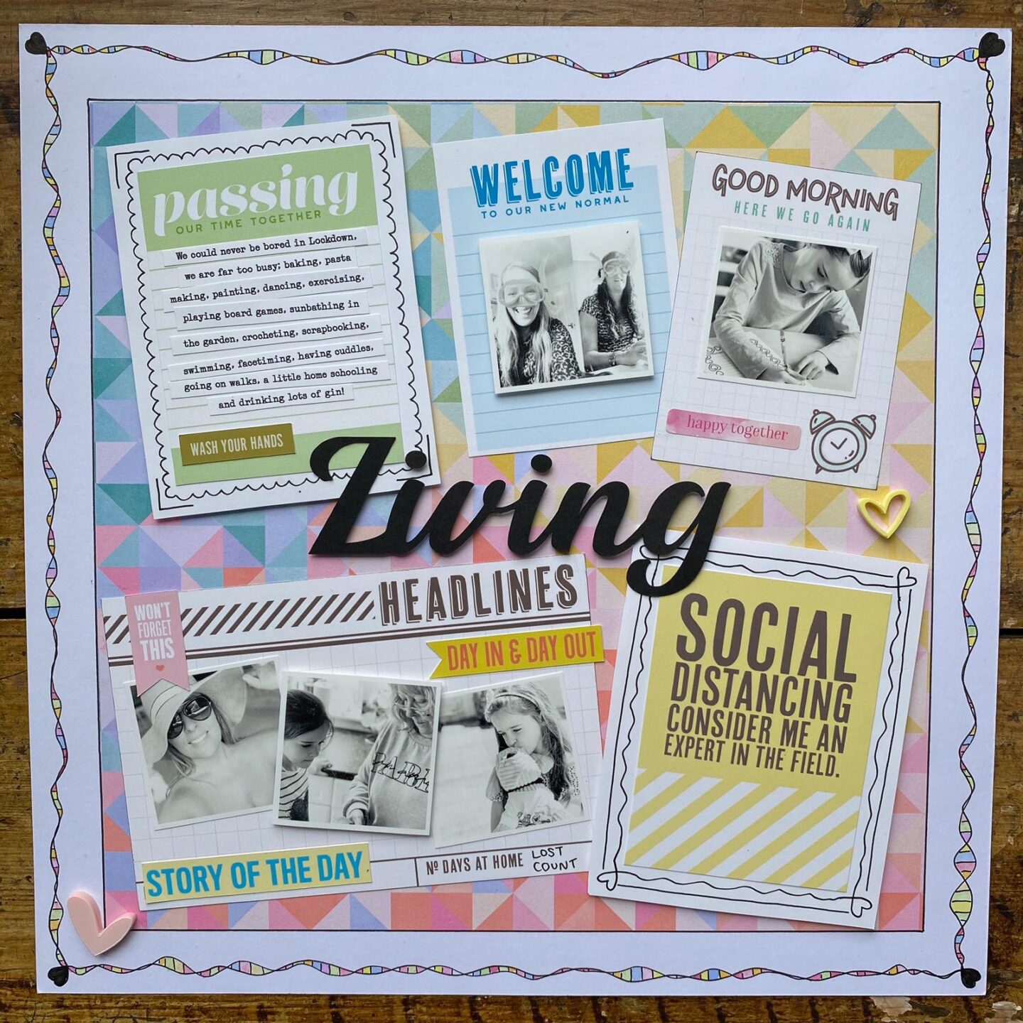 Lockdown living scrapbooking page two by Emma Mitchell at Little Miss Eden Rose using Pink Paislee Bloom street and printed cards