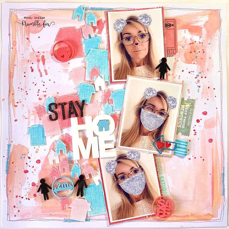Stay Home Mask Scrapbooking layout for Lockdown in blue and pink by Wendy Meffan
