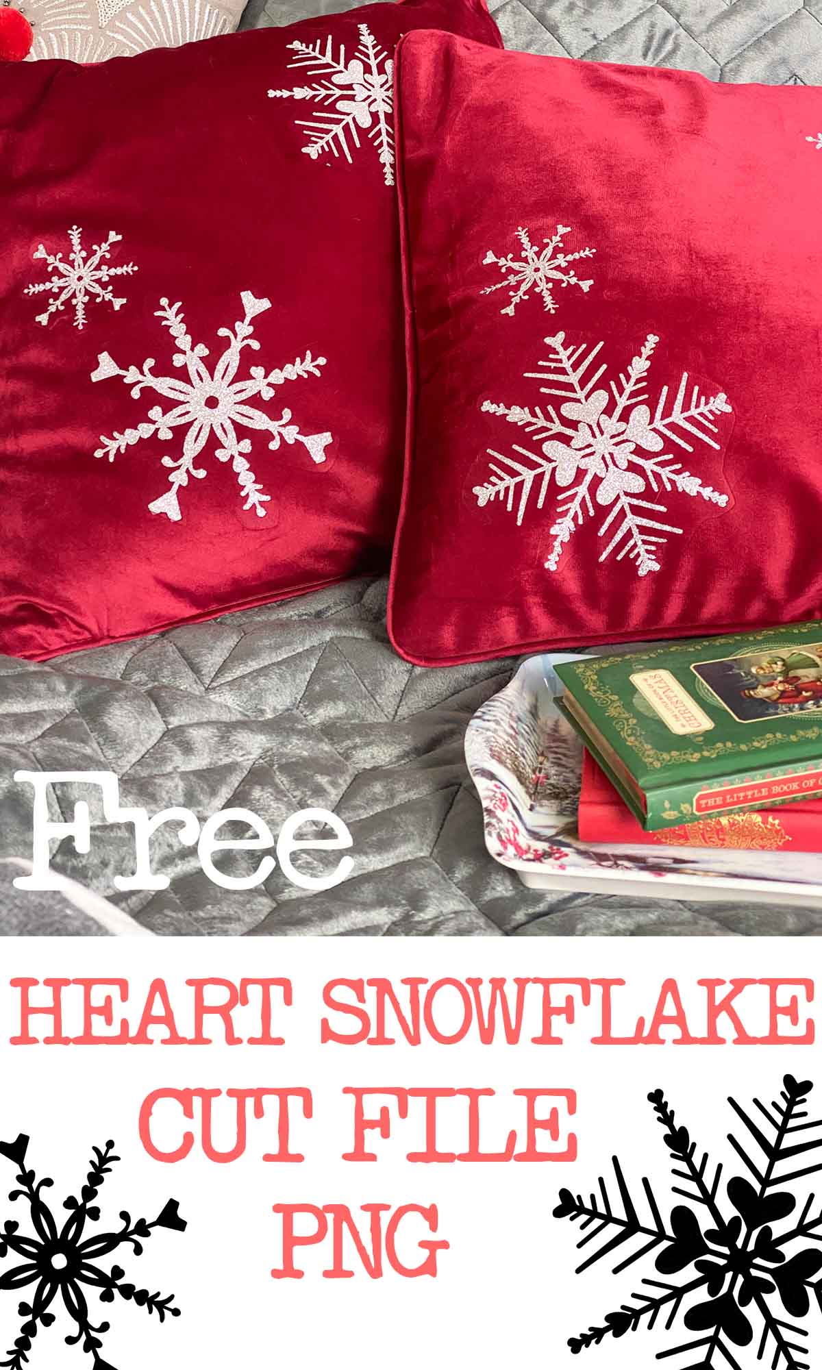 Free Heart Snowflake PNG on red velvet cushions with silver glitter vinyl snowflakes on a Christmas styled bed. Free heart snowflake cut file ready to download now