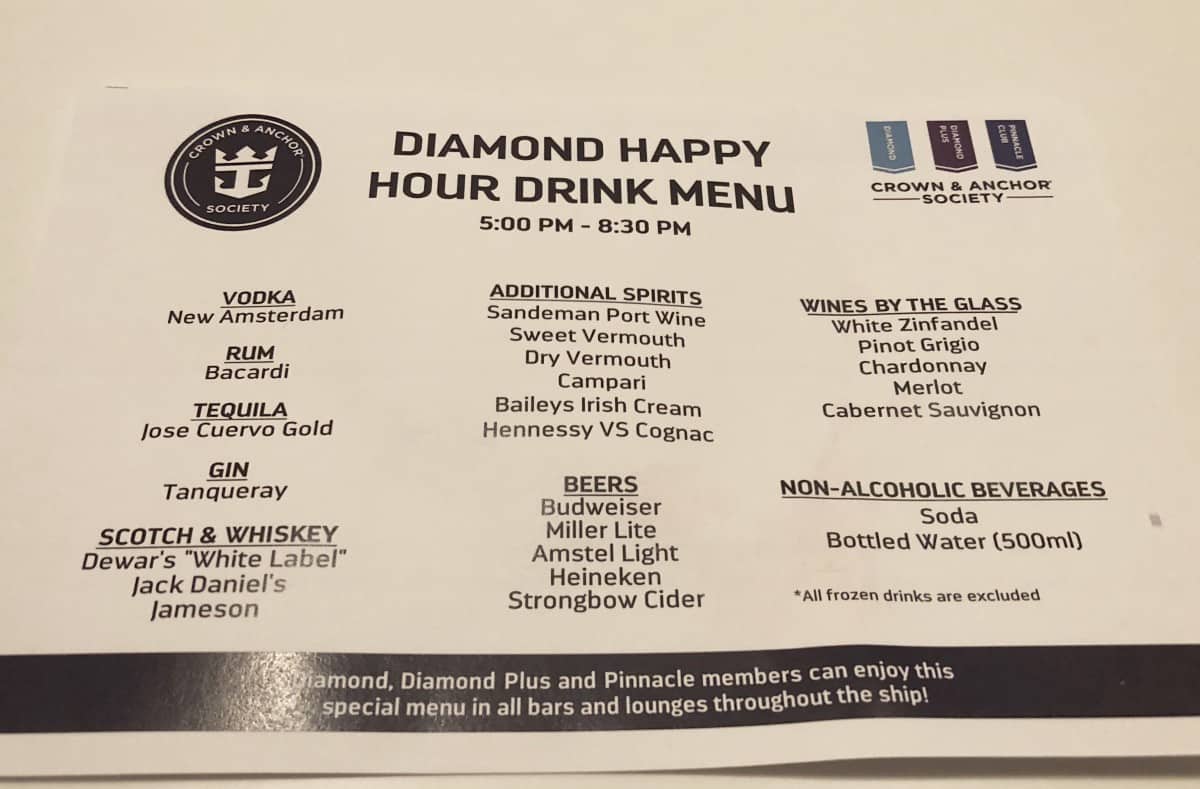 Royal Caribbean Diamond Happy Hour Drink Menu 2021