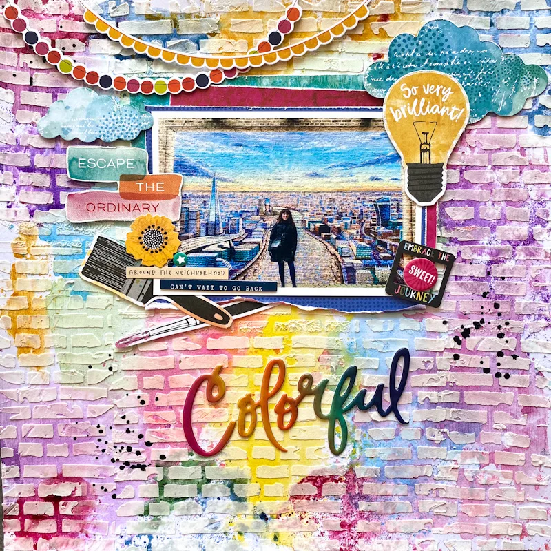 Multicolour stencilled Brick texture paste background scrapbook page by Donna Vallance. Papers Vicki Boutin