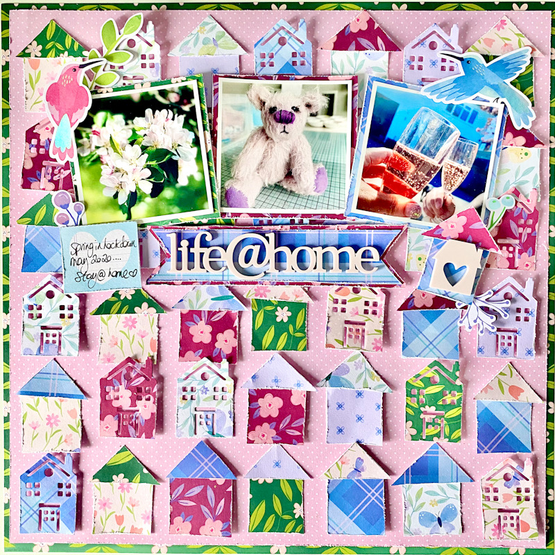 lots of mini houses on a scrapbook page by Donna Vallance. Papers are pink Paisley Bloom Street 