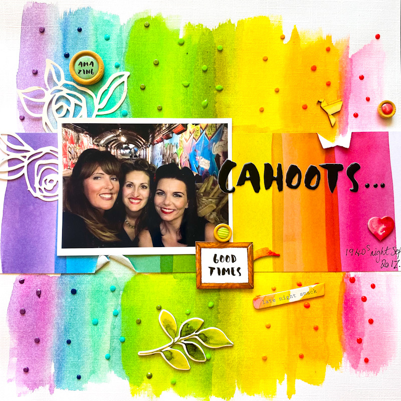 Rainbow page and Nuvo Dots on a page by Donna Vallance, scrapbooking page papers Altnew