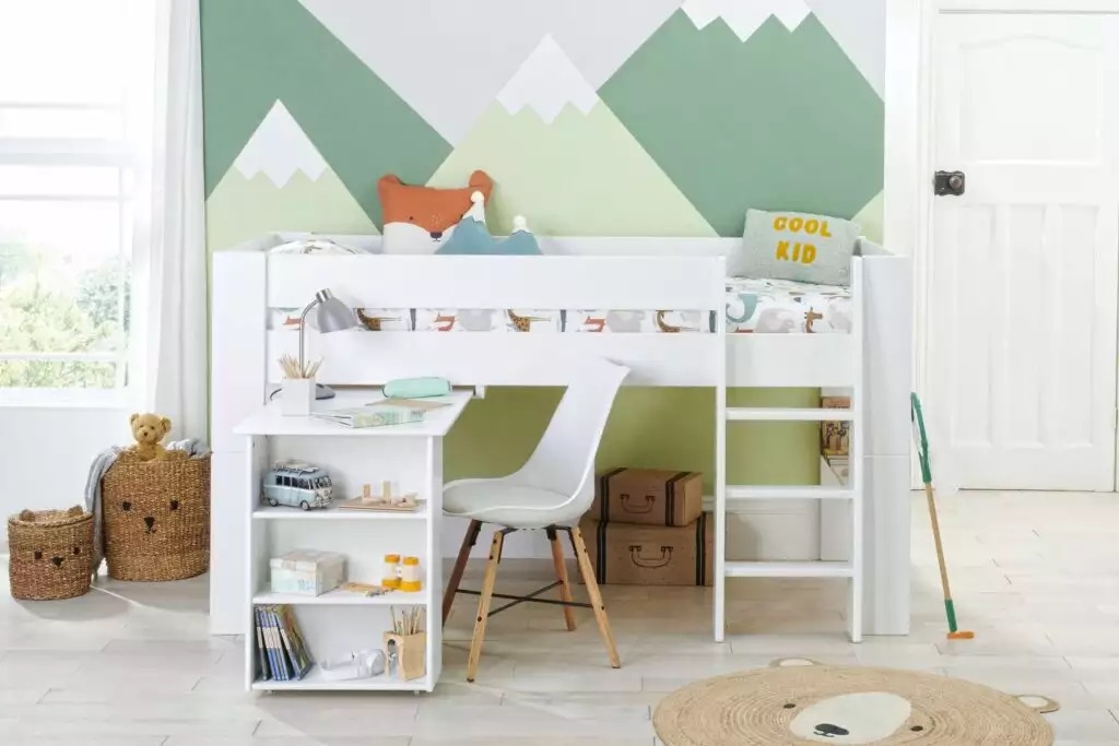 A child’s mid sleeper bed ideal for designing your childs Bedroom for Work and Play