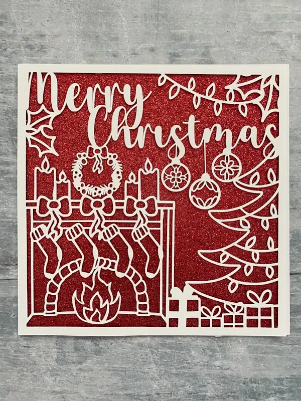 Merry Christmas Fireplace and Christmas tree scene SVG for Cricut or Silhouette Cameo