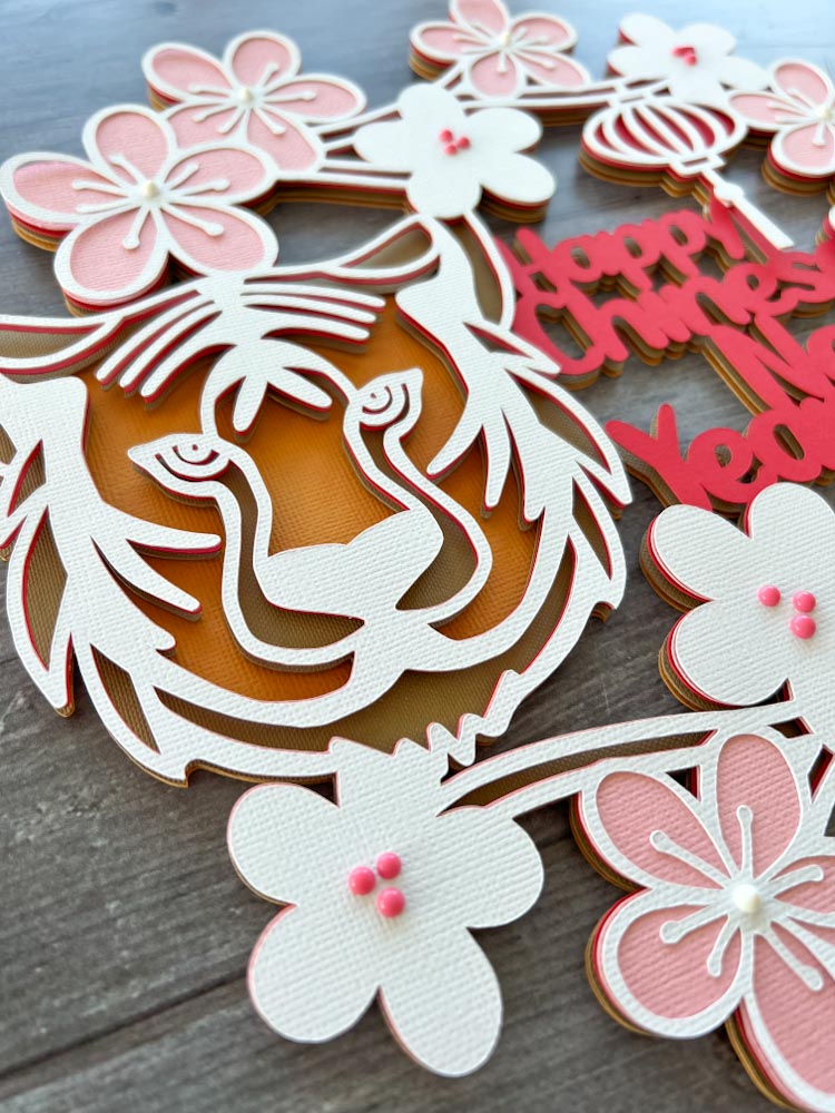 Close up of tiger SVG on Chinese New Year wreath made in card