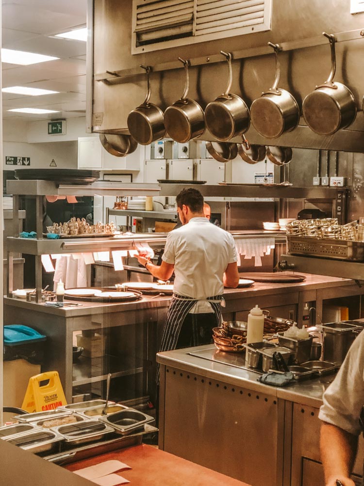 View in to the Savoy Kitchen from the Chefs Table, Restaurants near the Lyceum theatre London 