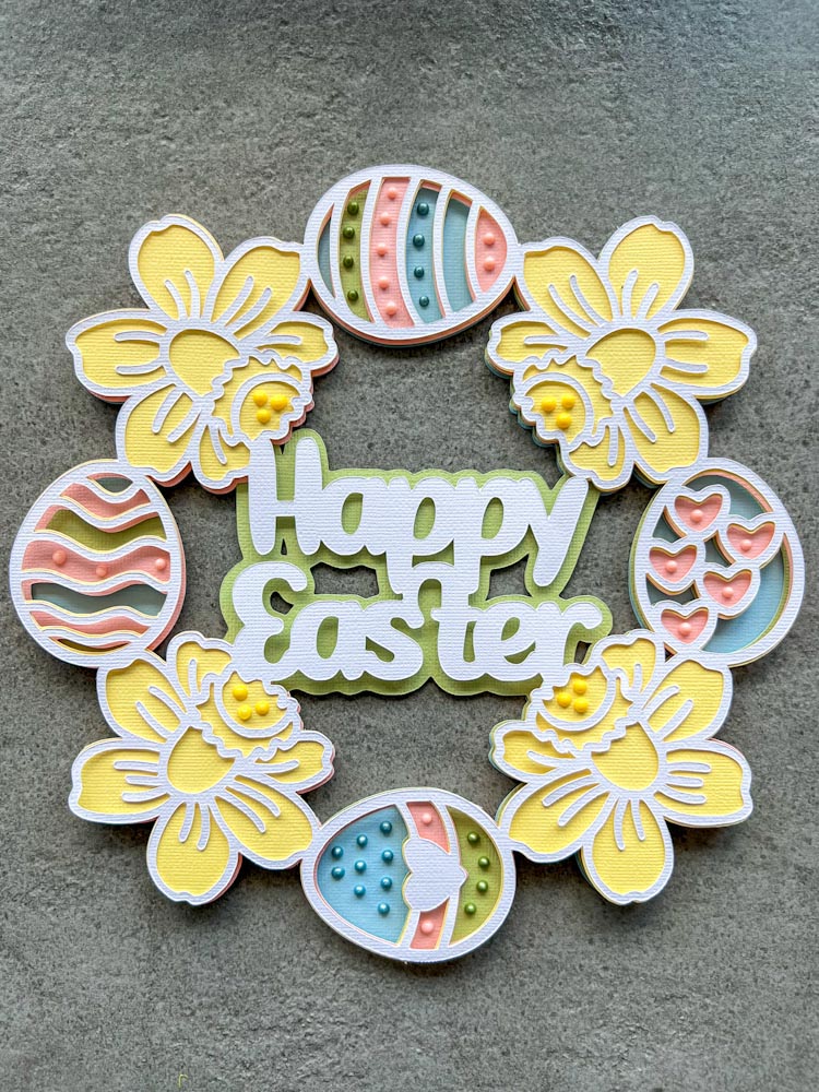 Free 5 layer Easter egg wreath SVG cut file with Easter eggs and daffodils 