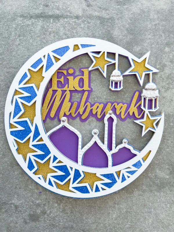4 layers of a 3D Layered Happy Eid Mubarak SVG  For Cricut crafts, Cards, vinyl and Scrapbooking