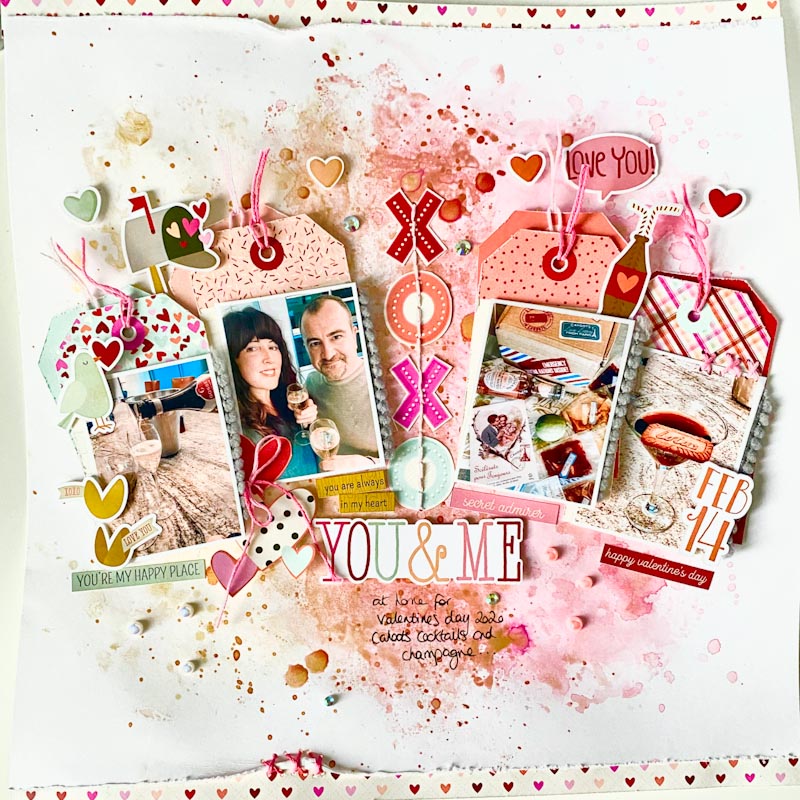 Valentines scrapbook page using shimmers paints. Using simple stories, page designed by Niki Rowland for Gogo getaway