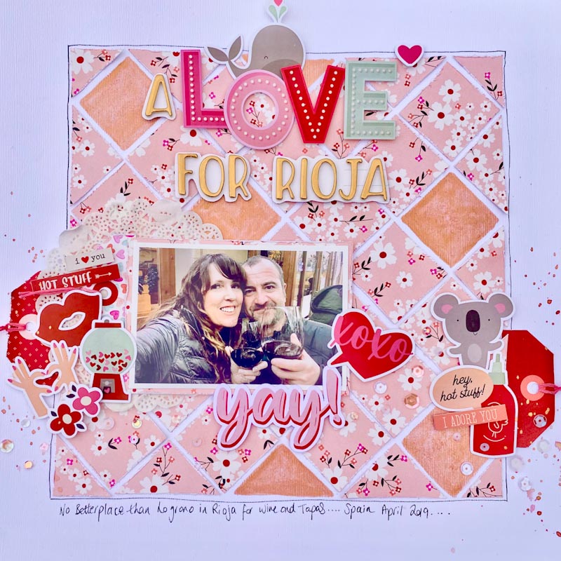 Scrapbooking valentines papers page using shimmerz paints and simple stories Love wine