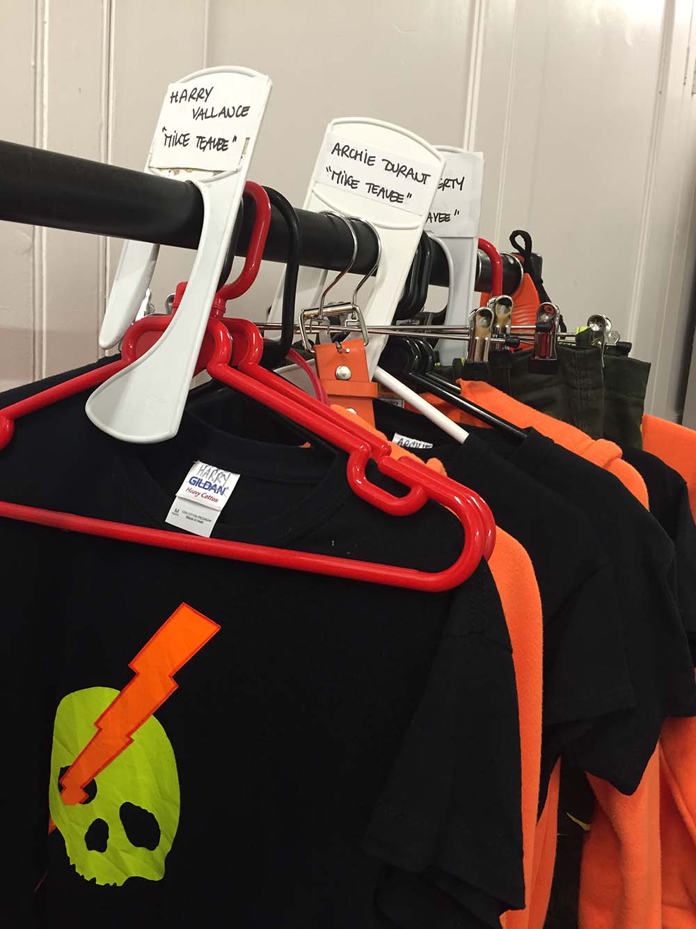 Mike Teavee costumes lined up backstage at the Theatre Royal Drury Lane