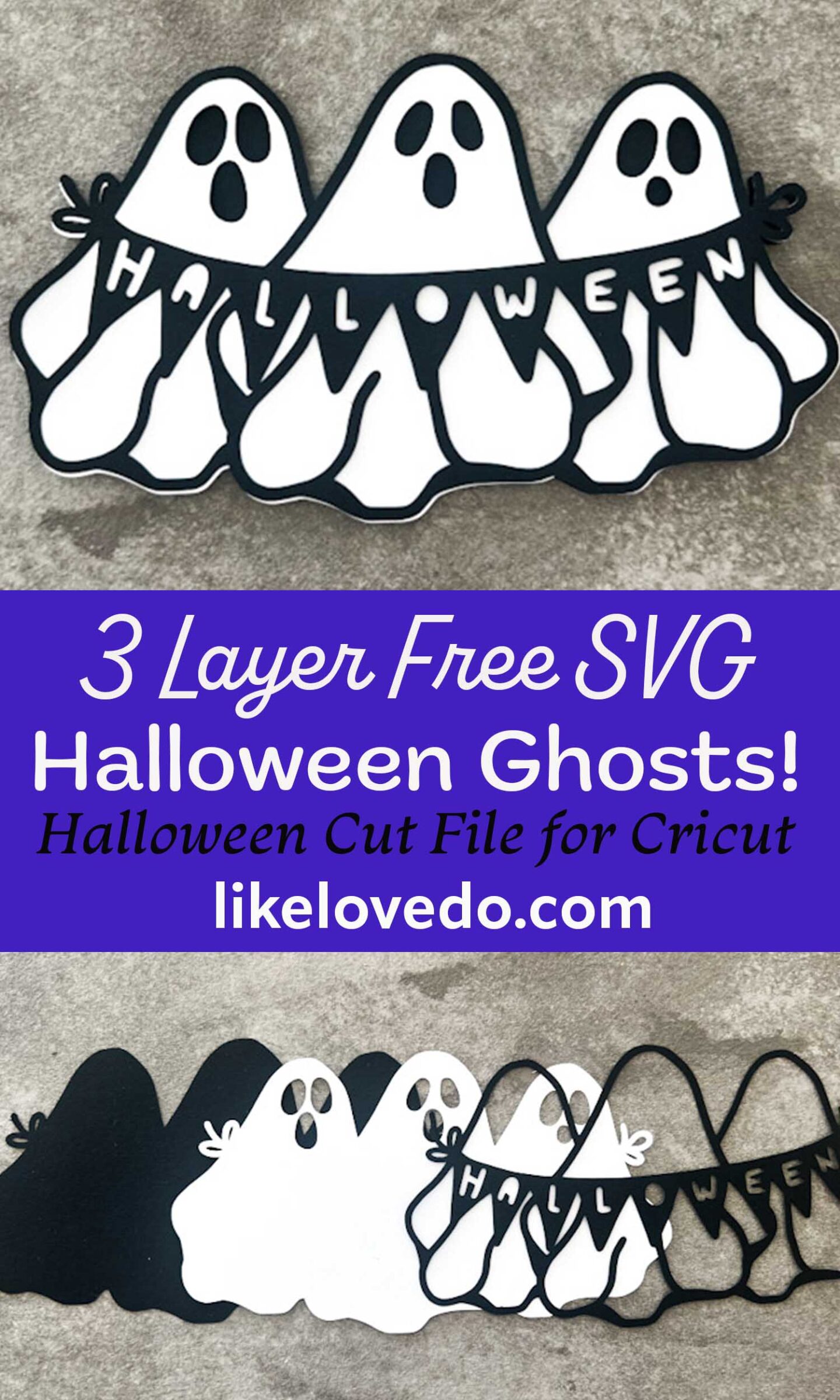 Free Layered Halloween Ghost SVG cut file, 3 ghosts in a row with a halloween Banner 