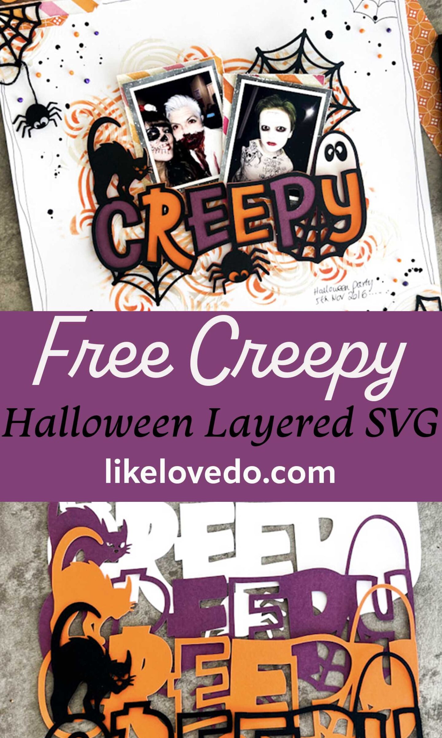 Halloween Layered Creepy SVG On a scrapbooking page for cutting machines such as Cricut and Silhouette 