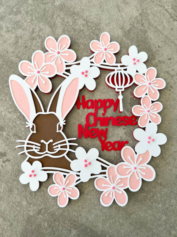 Layered Year of the Rabbit SVG is ready for Chinese New Year 4 layer cut file with rabbit and cherry blossom