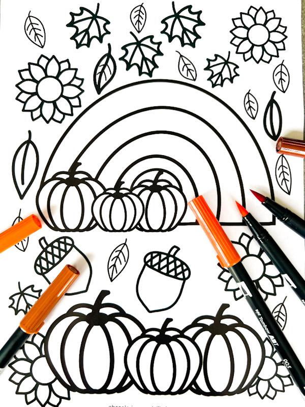 Autumn rainbow coloring page with pumpkins, leaves, flowers and acorns to color in