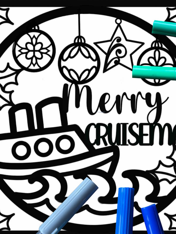 Christmas themed cruise colouring page filled with baubles, presents, holly bells and a cruise ship to colour in