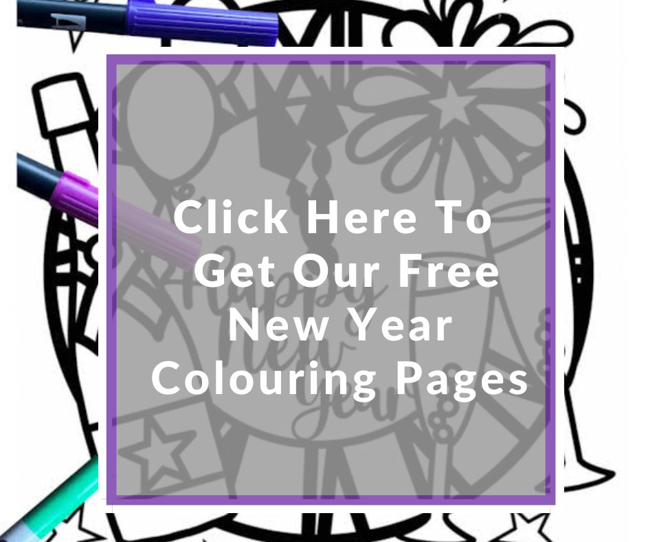 New Years Coloring page filled with all things New Year, Champagne bottle, stars fireworks and a huge clock to color in 