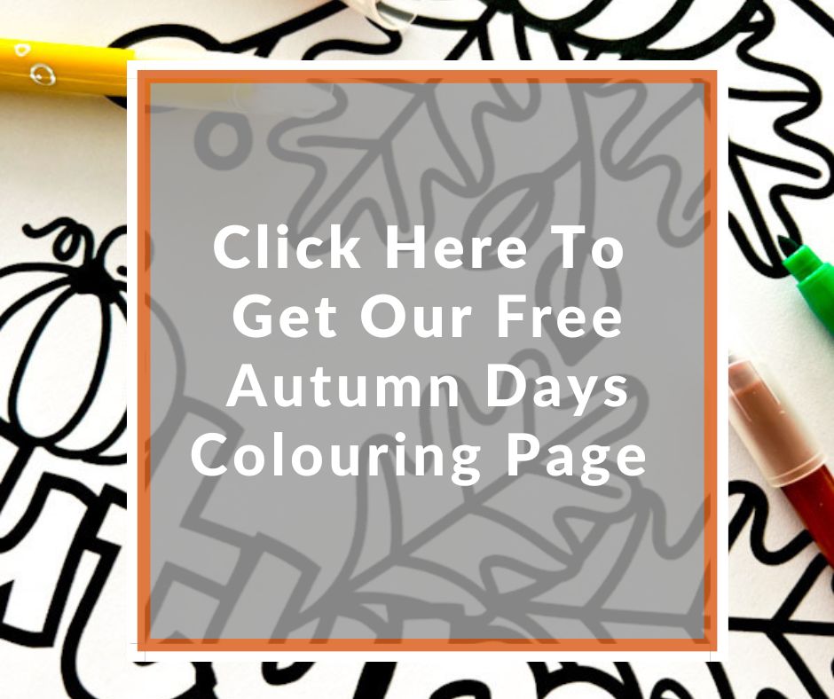 Autumn Days Coloring page with a large pumpkin surrounded by fall leaves and flowers to color in