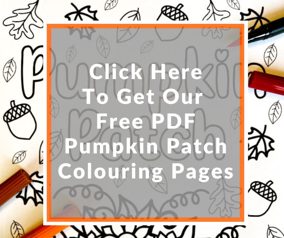 pumpkin pile colouring page with autumn leaves, acorns and sunflowers to colour in