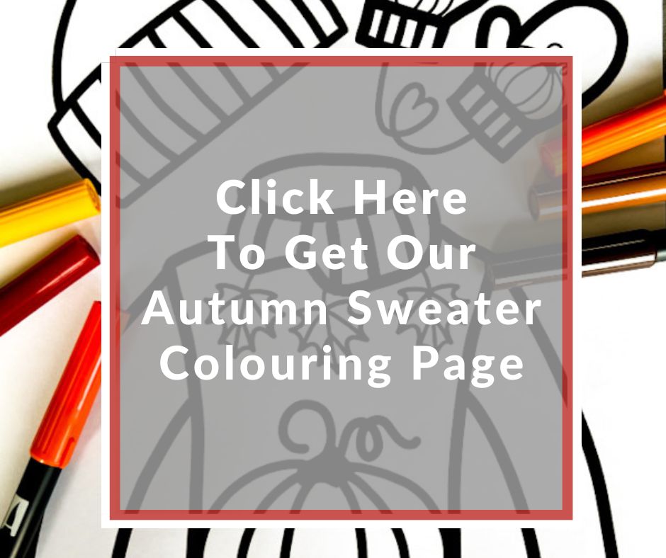Autumn jumper colouring page with a pumpkin jumper, gloves and wooly hat to colour in