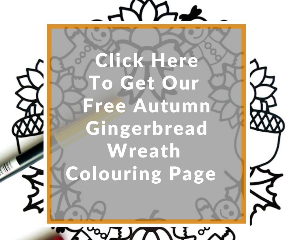 Autumn gingerbread colouring page wreath with acorns, sunflowers autumn leaves and pumpkins
