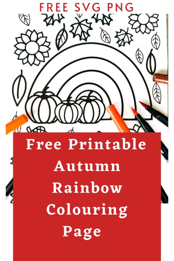 Autumn rainbow colouring page with with acorns, leaves, pumpkins and flowers