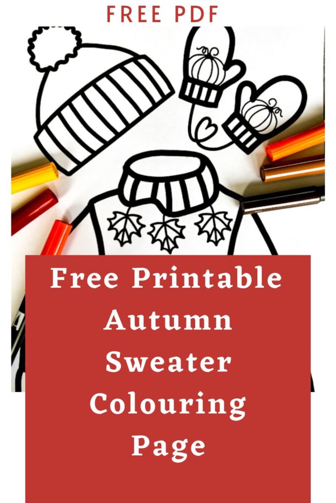 Autumn Sweater coloring page with pumpkin sweater, wooly hat, and gloves to color in