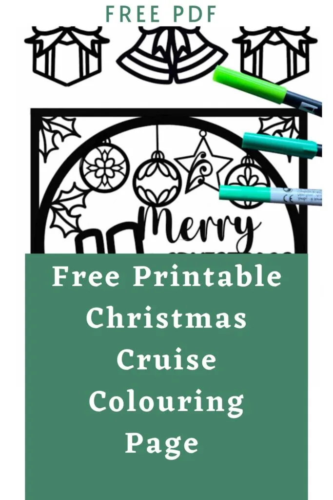 Christmas cruise colouring page with baubles, presents, bells stars, cruise ship and waves to colour in