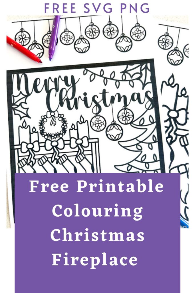 Christmas Fireplace colouring pages with stockings, a christmas tree, candles, baubles and lights to colour in