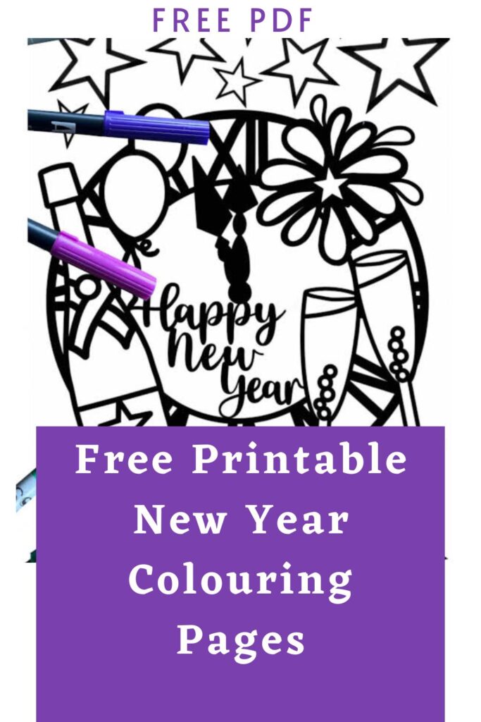 This New Years Eve colouring page is filled with all New Years things, a huge clock, stars, balloons, fireworks, champagne and fizz
