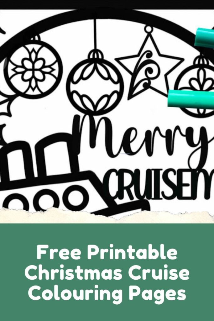 Cruise Coloring page christmas themed filled with holly, baubles, presents, bells and a cruise ship to color in