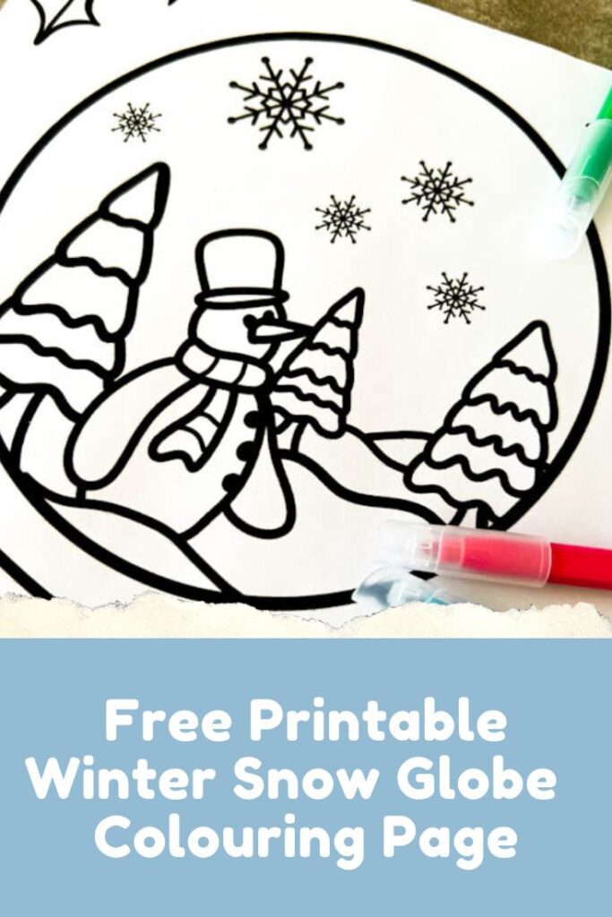 Winter snow globe coloring page illed with a friendly snowman, winter hat and scarf, snowflakes holly and snow covered trees to color in