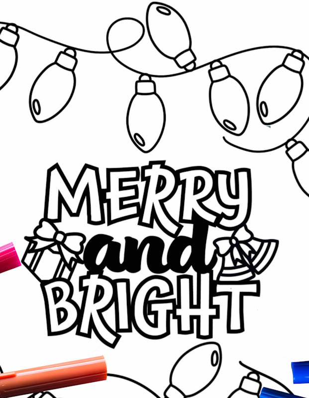 Christmas lights, bells and present colouring page with the words Merry and Bright to colour in