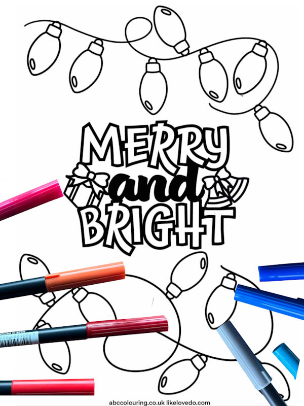 Christmas coloring page with Christmas lights, bells and present to color in