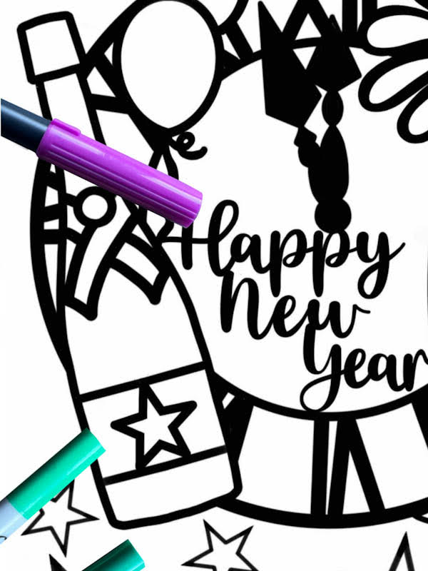Happy New Year colouring page with a big clock and a bottle of champagne to colour in