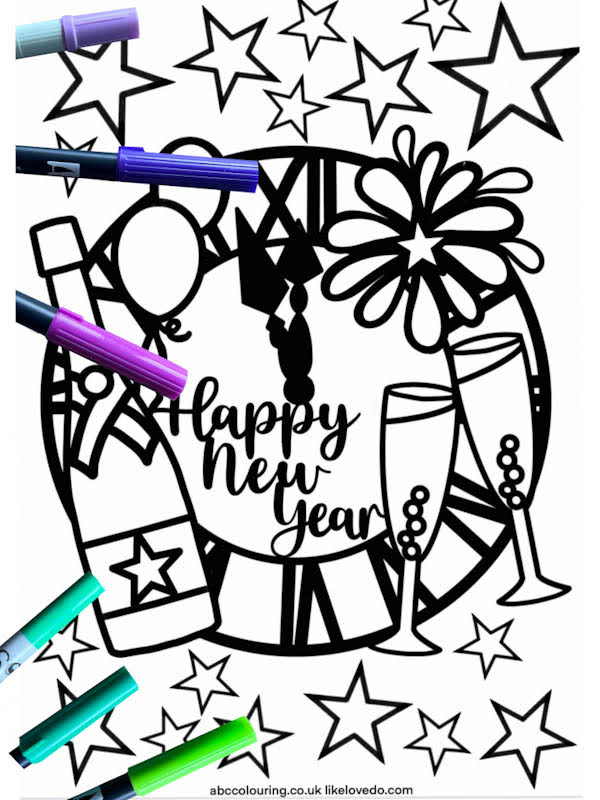New Years Eve colouring page fille with a big clock champagne and fizz and stars 