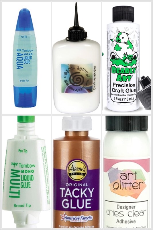Popular liquid glues for paper crafts, including, Tombow, cosmic shimmer glue, Aleenes tacky glue, Bearly arts glue and art glitter glue