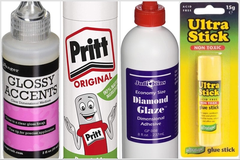 Two types of glazes and stick glues for paper and card. Glossy accents, diamond glaze and print stick