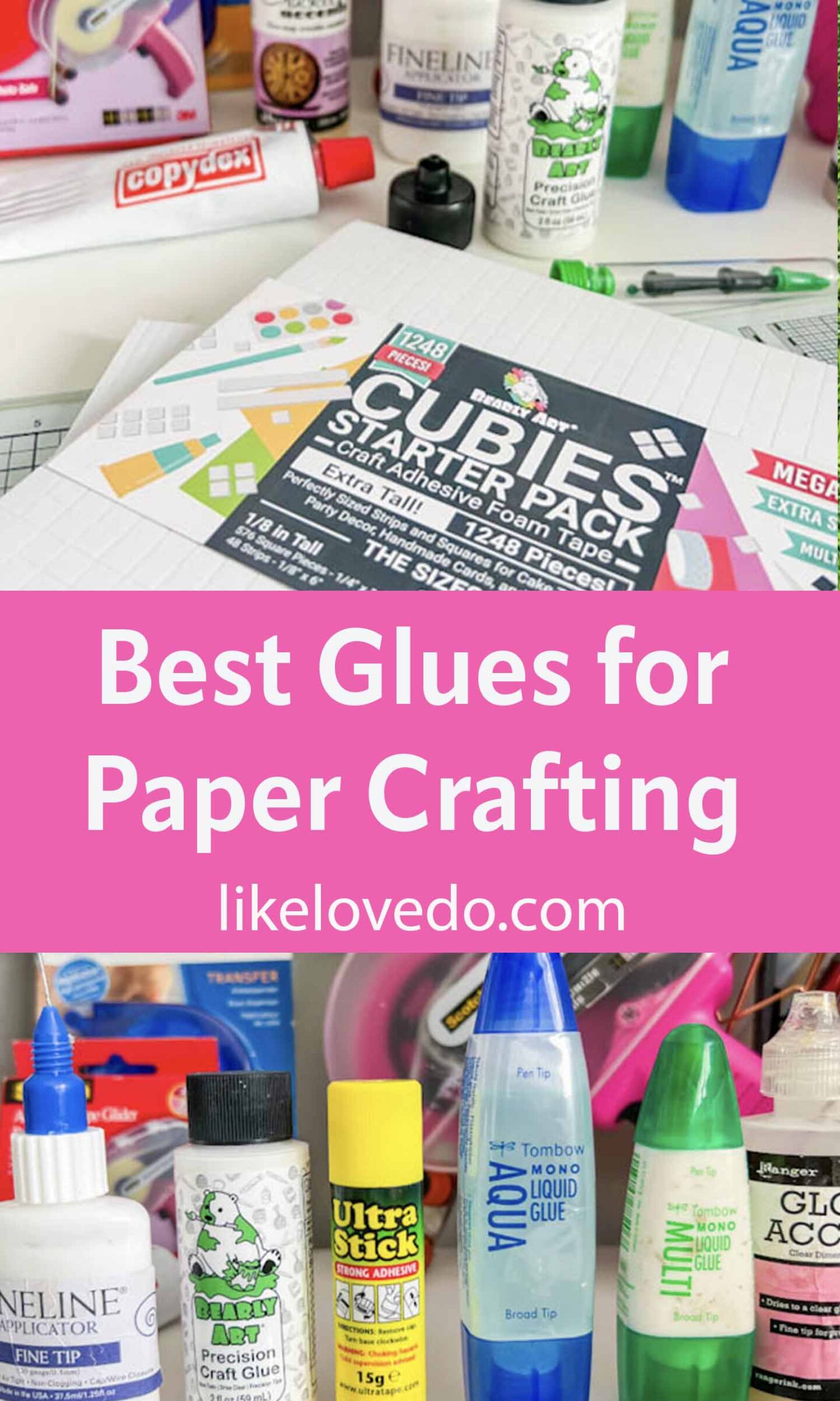 This is the Ultimate Guide to all of the Best Paper Glues, Card Glues and Adhesives for all of your Paper Projects and Card Craft Projects. PIn image with pictures of glues