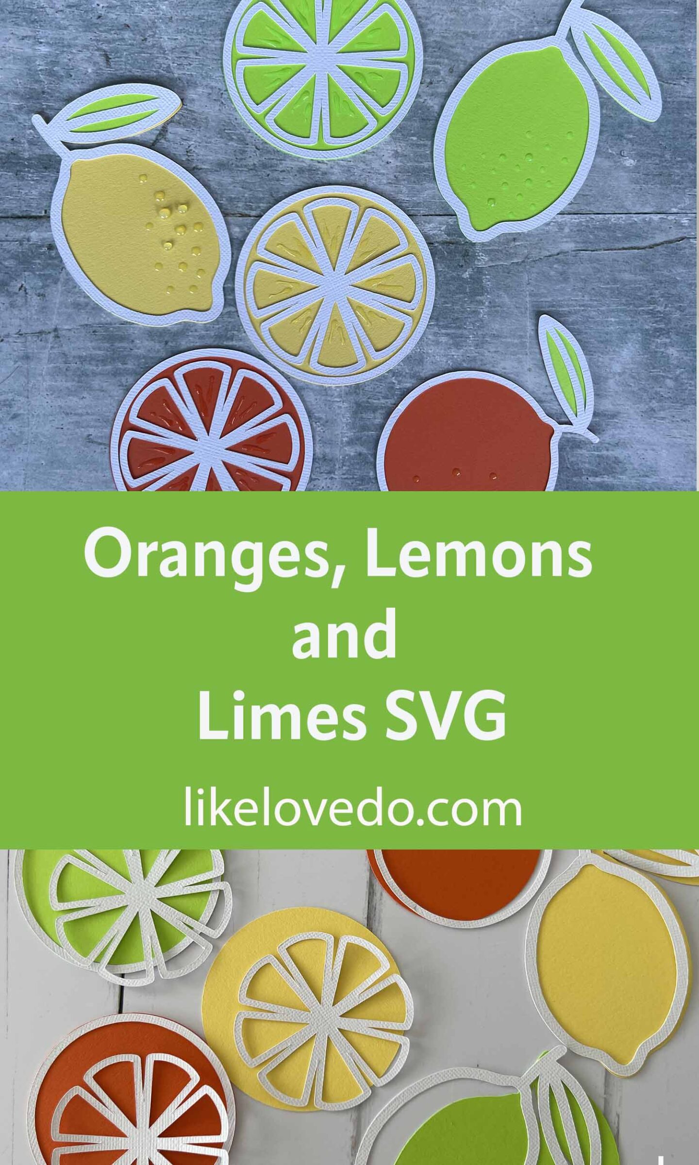 Layered Citrus Fruits SVGS of oranges, lemons, and limes in a pin image