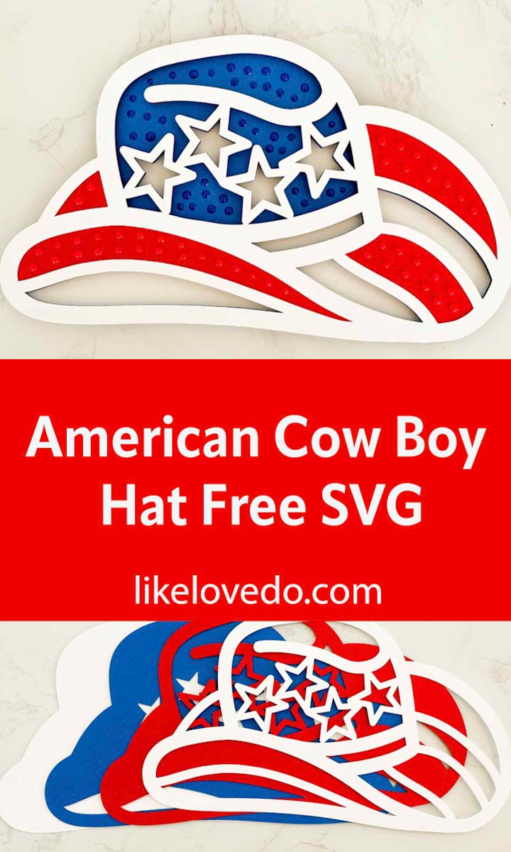 Layered American Cowboy Hat SVG in red white and blue cut in card pin image