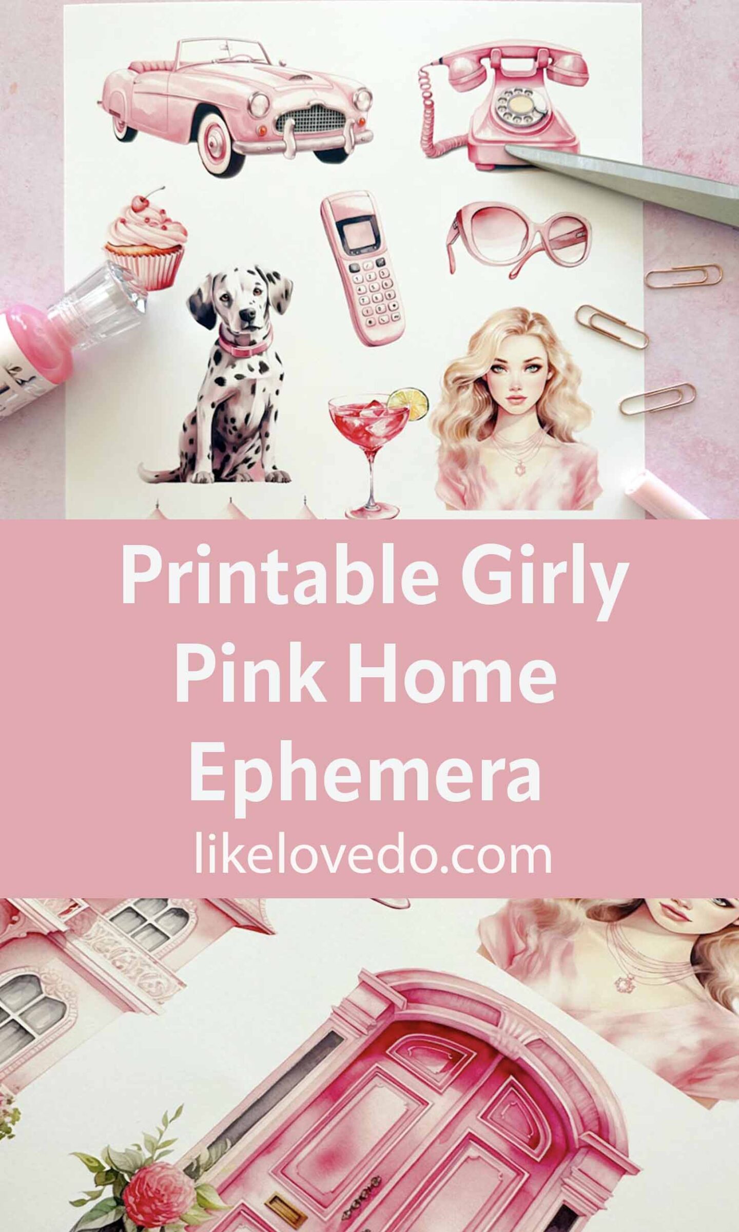 Printable girly clipart in pink home ephemera, cars, houses, cupcakes Barbie inspired