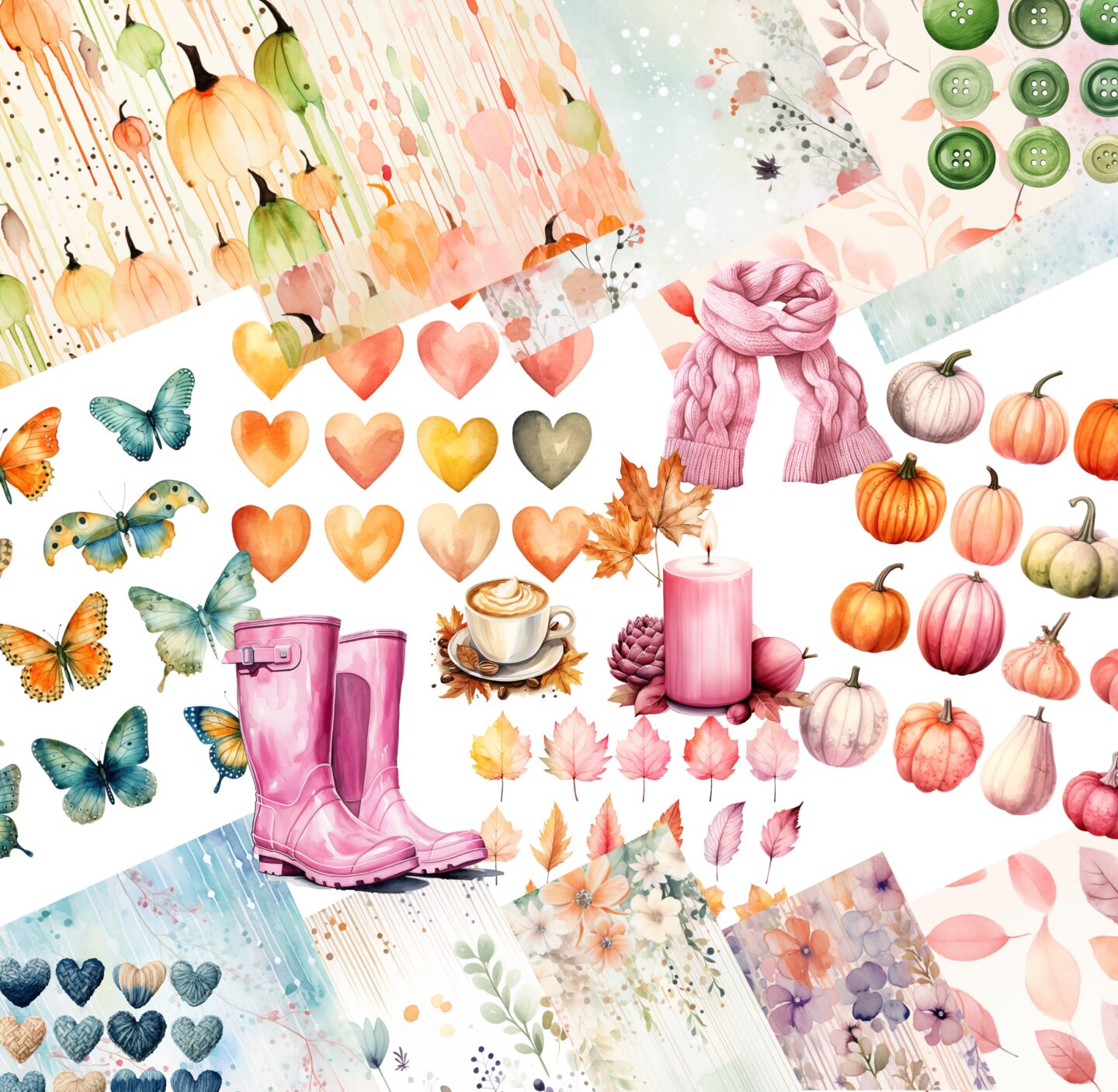 Papers and some of the embellishments included in the bundle, Cosy autumn collections of printables