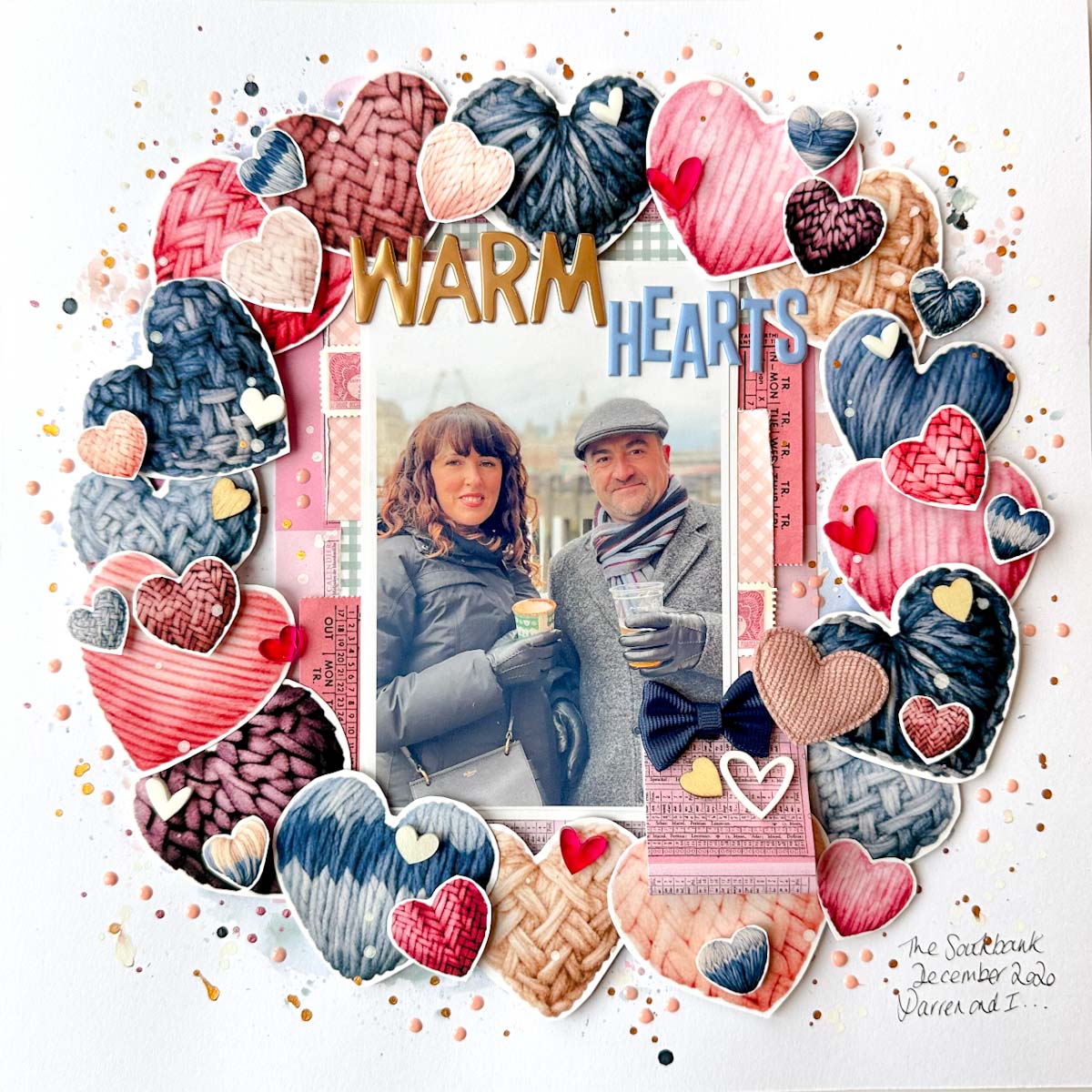 A page made using the knitted heart printable in the cosy collection bundle, printed knitted hearts scrapbooking page